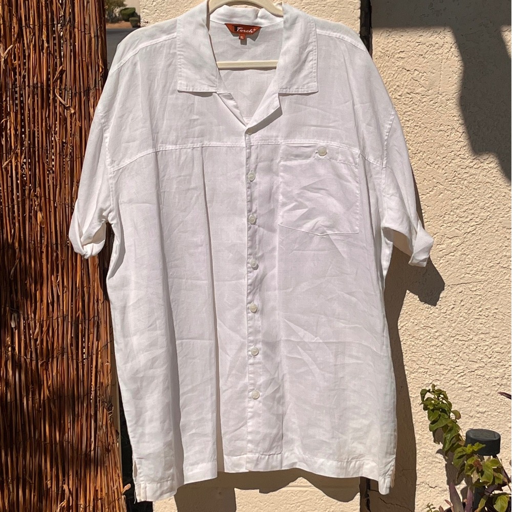 Mens White 100% Linen Shirt XL Short Sleeve Camp Collar Resort Beach